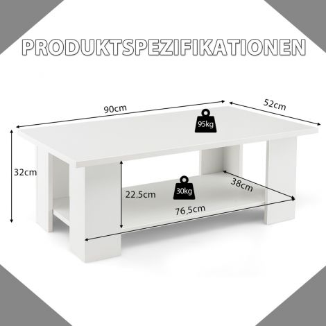 2-korruseline puidust diivanilaud / abilaud, kandevõime kuni 125 kg, 90 × 52 × 32 cm, valge