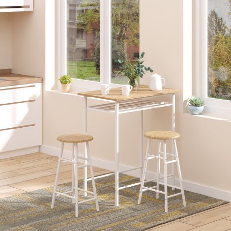 Baarilaud 3-osaline söögilaud 2 baaritooliga söögikomplekt köögilaud ja toolid seisulaud ja baaritoolid hoiuriiuliga MDF-plaat teras valge+tamm 80 x 50 x 90 cm