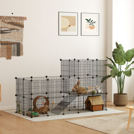 Väikeloomade aedik Väikeloomade puur 39 plaadiga vaba aedik kaldteega DIY võreaedik metallist väikeloomadele avatav must 140 x 70 x 105 cm