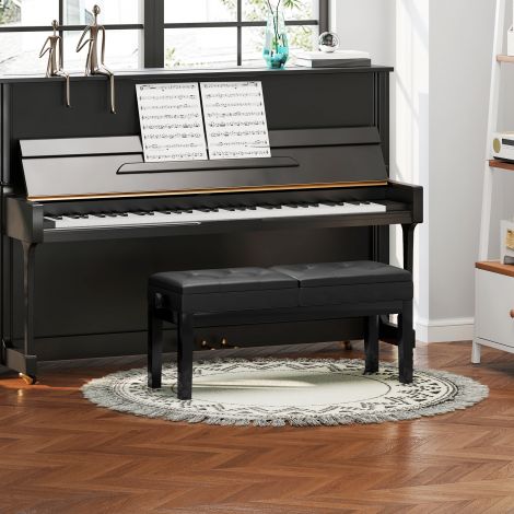 Klaveripink kõrguse reguleerimisega klaveritool hoiuruumiga, klaveripink kuni 220 kg kandevõimega, kunstnahk, must, 105 x 37 x 48-58 cm