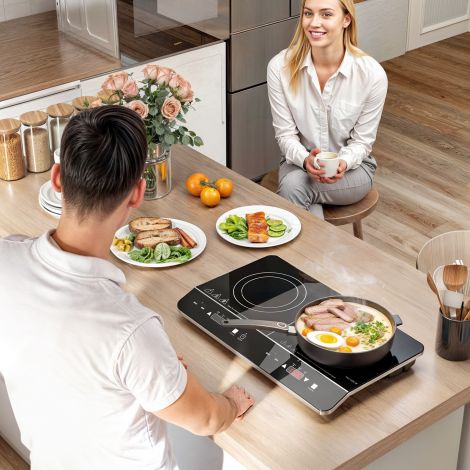 Induktsioonpliit 2 plaati Kaasaskantav induktsioonpliit 8 võimsustaseme ja 10 temperatuuritasemega, 3500 W, laste turvalukk, taimer, must