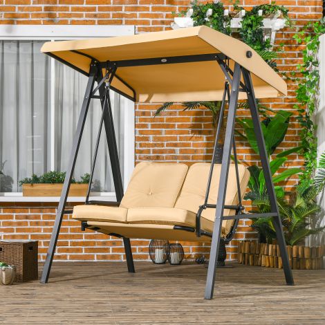 Outsuuny Hollywoodi kiik 3-kohaline aiakiik reguleeritava päikesevarjuga, kiikpink kandevõimega kuni 220 kg, aialaud aeda, terrassile, 138 x 106 x 174 cm, beež