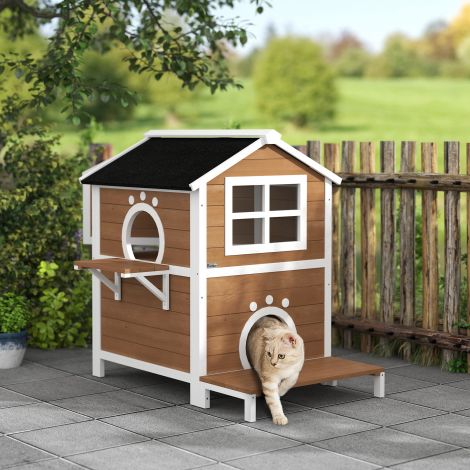 Puidust kassimaja, akna ja rõduga kassikoobas, ilmastikukindel kahekorruseline kassimaja, eemaldatava põhjaga, 1-2 kassile, sise- ja välistingimustes, 66 x 66 x 90 cm, pruun