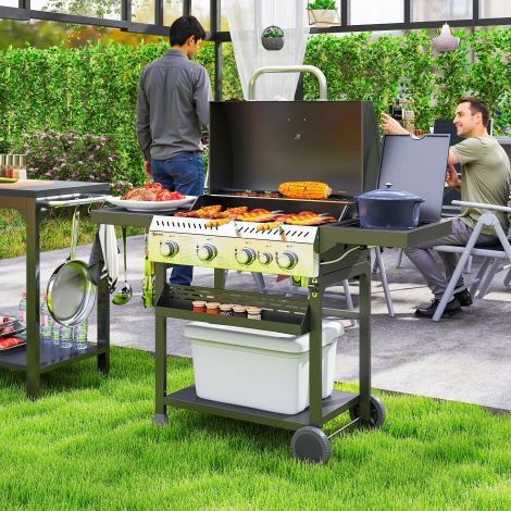 Gaasigrill 12 kW 4+1 põletit BBQ grillkäru roostevabast terasest, sh külgpõleti, termomeeter, grillrest, keeduväli, pudeliavaja, külgriiulid, gaasigrill rõdule, telkimiseks 135 x 55 x 103 cm