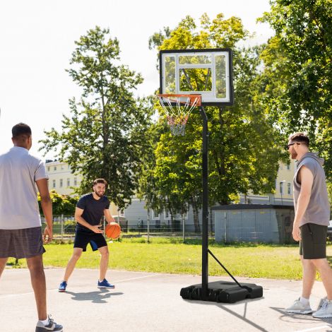 Korvpallikorv kõrguse reguleerimisega 260-310cm, rullfunktsiooniga, stabiilne alus aeda ja spordiväljakule.