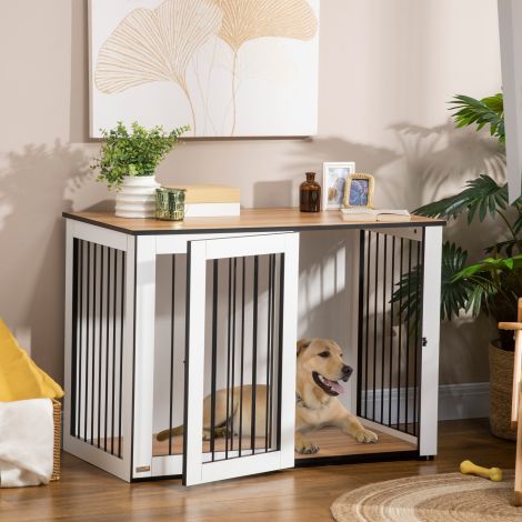 Korterisse mõeldud koerakuut, väikestele/keskmise suurusega koertele, lukustatavate ustega, puitlaastplaat, 106x60x76cm, tume pähkel+valge| Aoso