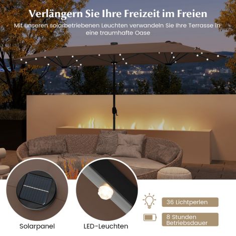 400 x 200 cm kahekordne päikesevari aluse ja LED-tuledega & vändaga UPF 50+ aiavari pruun