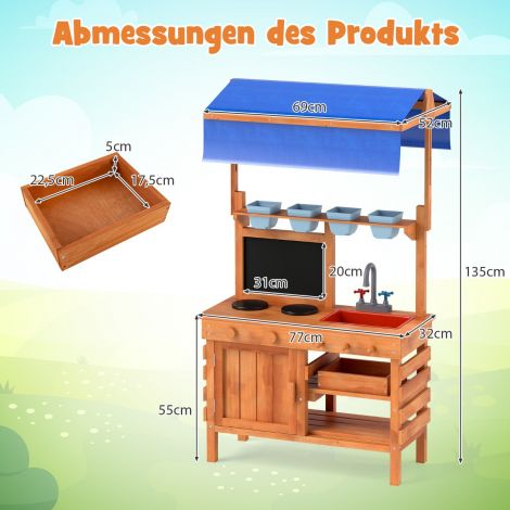 Laste mudaköök puidust, reguleeritava kõrgusega päikesevarjuga 77 × 52 × 135 cm