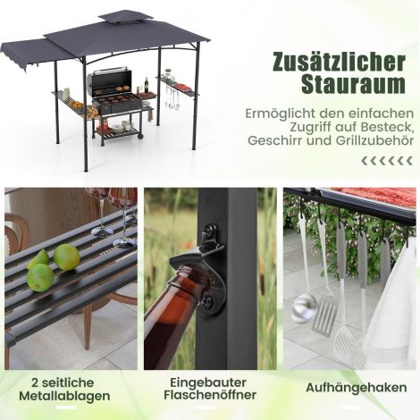 Grillpaviljon külgmarkiisiga, kahekordse katusega, 2 külgriiuli ja konksudega aiamajake BBQ paviljon tumehall