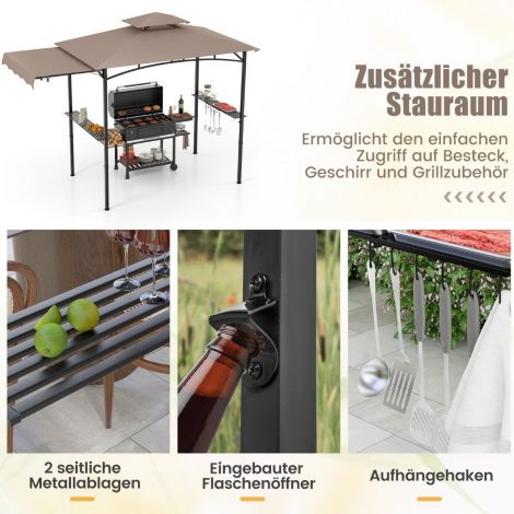 Grillpaviljon külgmarkiisiga kahekordse katusega, 2 külgriiuli ja konksudega aiamajake BBQ paviljon pruun