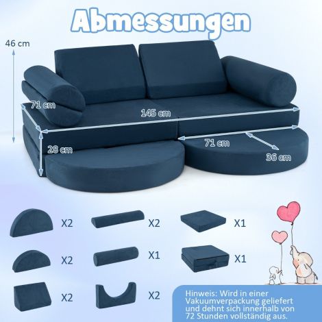14-osaline modulaarne laste mängudiivan vahtmaterjalist ehitusklotsidest, ronimiseks ja roomamiseks, meresinine