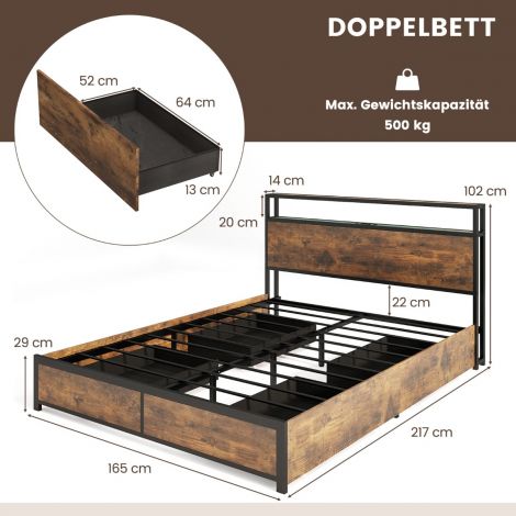 Voodi LED-valgustuse, laadimisjaama ja 4 sahtliga panipaigaga, peatsi ja liistudega, 200 × 160 cm