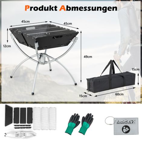 45 x 45 x 49 cm 3-ühes tulease roostevabast terasest grillrestide, kandekoti ja kinnastega matkagrill