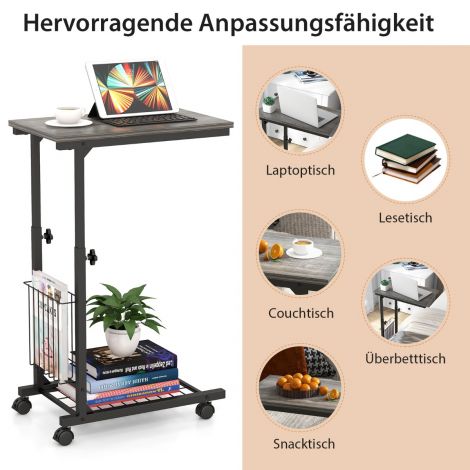 Kõrguse reguleeritav sülearvutilaud hoiukorvi ja ratastega C-kujuline diivanilaud hall