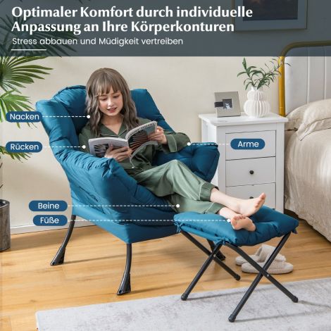 Tugitool jalapingiga & käsitoed & küljetasku & jalatugi, relax-tugitool tiibadega sinine
