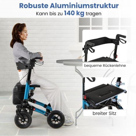 Kokkupandav ja kerge õhkrehvidega rulaator, alumiiniumist iste kuni 140 kg, 2-ühes ratastool Sinine