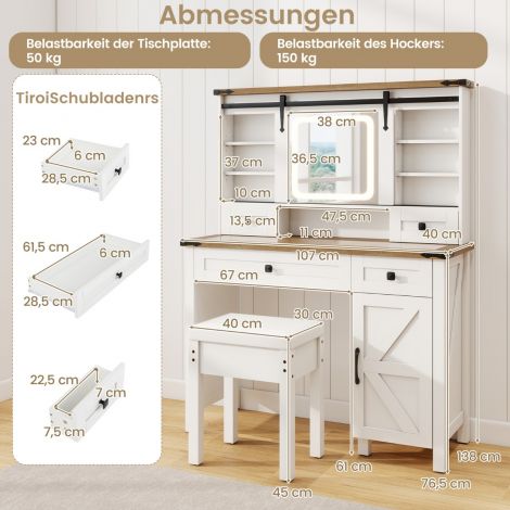 Meigilaud LED-valgustusega, 3 värvi, reguleeritava heledusega, valge kosmeetikalaud