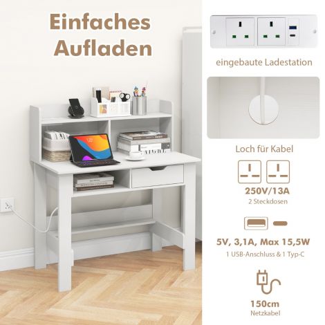 Kirjutuslaud pistikupesadega väike arvutilaud ülemise riiuliga 95 x 56 x 109,5 cm valge