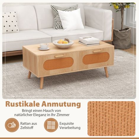 Rotangist diivanilaud 2 sahtliga, kohvilaud 100 x 50 x 41 cm, naturaalne