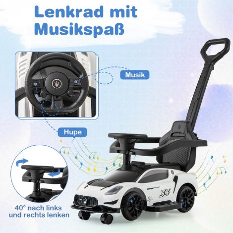 Maserati lükatav sõiduk kaitsekaare ja lükkesangaga, valge