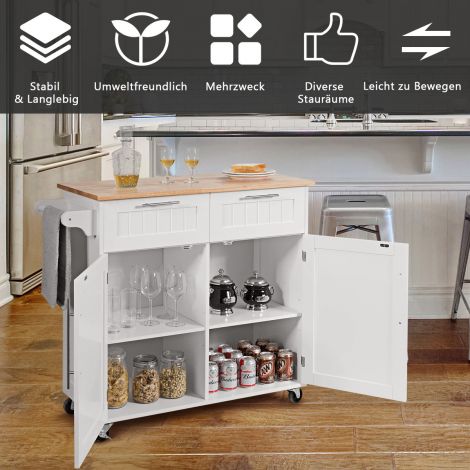 Köögikäru rulluv serveerimiskäru sahtlite ja kappidega 94 x 45,5 x 94,5 cm valge