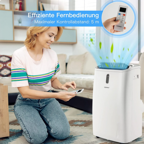 5-ühes kliimaseade 14000 BTU kütte-, jahutus-, ventilaatori- ja kuivatusfunktsiooniga kaasaskantav konditsioneer kuni 40 m² ruumile 44,5 x 39 x 77 cm valge