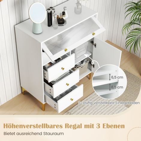 Kummut 3 sahtliga ja 2 uksega, ülesklapitava klaasuksega kummut 80 × 40 × 95,5 cm valge
