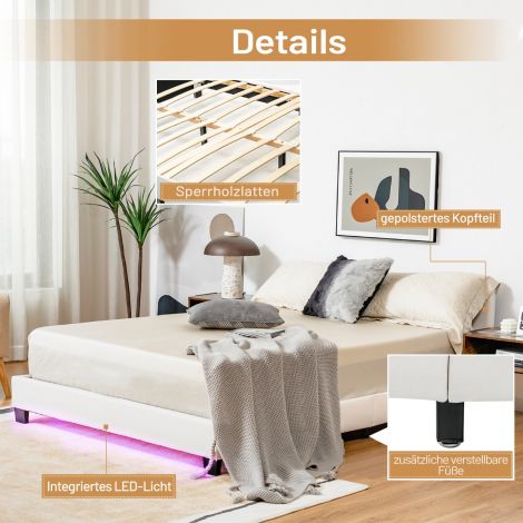 Polstervoodi 140 x 200 cm, moodne voodiraam 16 värvilise LED-valgusega, valge