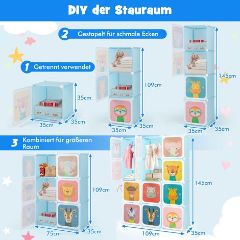 Laste riidekapp plastikust 12 kuubikutega laste riiul uste ja 2 riputiga sinine