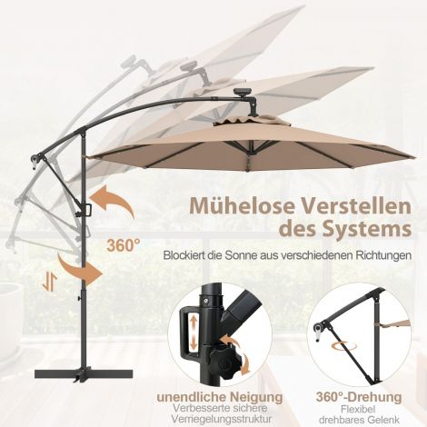 300 cm päikesevari 32 päikese-LED-valgusti ja vändaga aiavari turuvari pruun