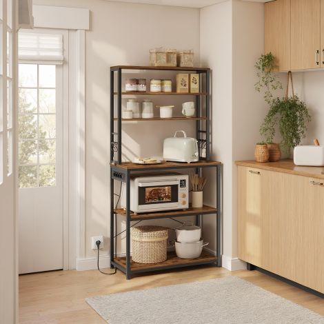 Köögiriiul pistikupesadega, köögi põrandariiul, mikrolaineahju riiul, seisev, 6 riiulitaset ja 6 konksu, mikrolaineahju jaoks, terasraam, 40 x 80 x 167 cm, vintagepruun-tindimust KKS119K06