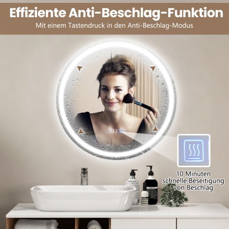 Vannitoapeegel uduvastase funktsiooni, kella, puutelüliti ja mälufunktsiooniga, peeglisoojendus, hämardatav LED-peegel 3000K–6000K, 60 × 60 cm