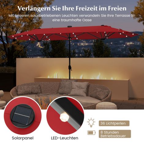 Kahepoolne päikesevari alusega ja LED-tuledega 400 x 200 cm suur XXL päikesevari UPF 50+ veinipunane