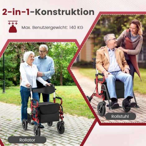 Kokkupandav ja kerge õhkrehvidega rulaator koos istmega 2-ühes ratastool ja reisirulaator punane