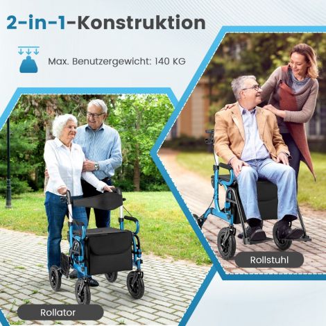 Kokkupandav ja kerge õhkrehvidega rulaator koos istmega 2 ühes ratastool ja reisirulaator sinine