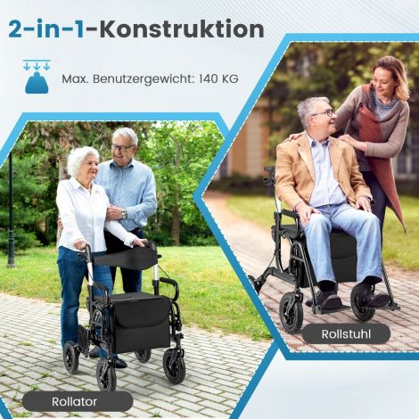 Kokkupandav ja kerge õhkrehvidega rulaator koos istmega 2 ühes ratastool ja reisirulaator must