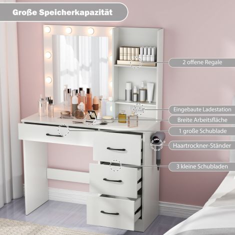 Valge tualettlaud LED-valgustusega, 3 värvi ja reguleeritava heledusastmega
