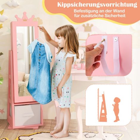 Laste ehtekarp 2-ühes peeglikapp, kallutatav täispika peegliga, 31,5 x 30 x 115 cm, roosa