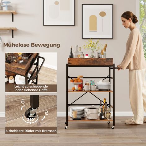 3-astmeline serveerimis- ja köögikäru eemaldatava kandiku ja käepidemega, 73 x 40 x 94 cm, pruun+must
