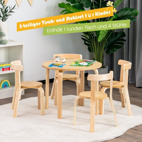 Laste puidust laud 4 tooliga, lastelaua ja tooli komplekt seljatoega, naturaalne