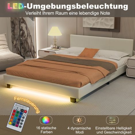 LED-valgustusega voodi 140 × 200 cm, polsterdatud voodi liistpõhjaga, voodiraam valge