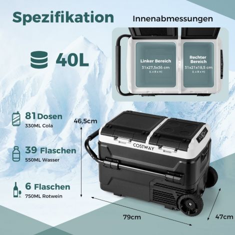 12V autokülmik 2 külmtsooniga 40L kaasaskantav sügavkülmik kompressoriga (-20℃~20℃)