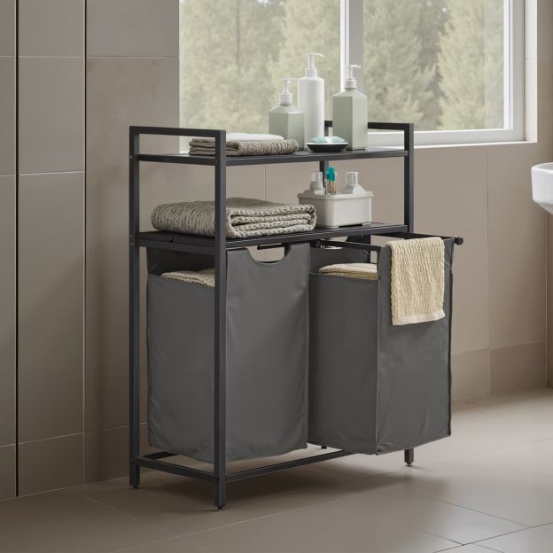 Pesukorv, pesukoguja, 2 sektsiooni, 2 riiulit, metallraam, 2 x 46 liitrit, 73 x 33 x 91 cm, vintagepruun-must BLH211B01