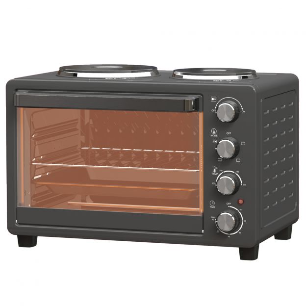 Miniahju 28 L 2600W Mini ahi 100-230℃ 60 min. taimer, 2 soojendusplaadiga, küpsetusplaadi ja grillrestiga pitsaahi puruplaadi, aluse käepidemega must.