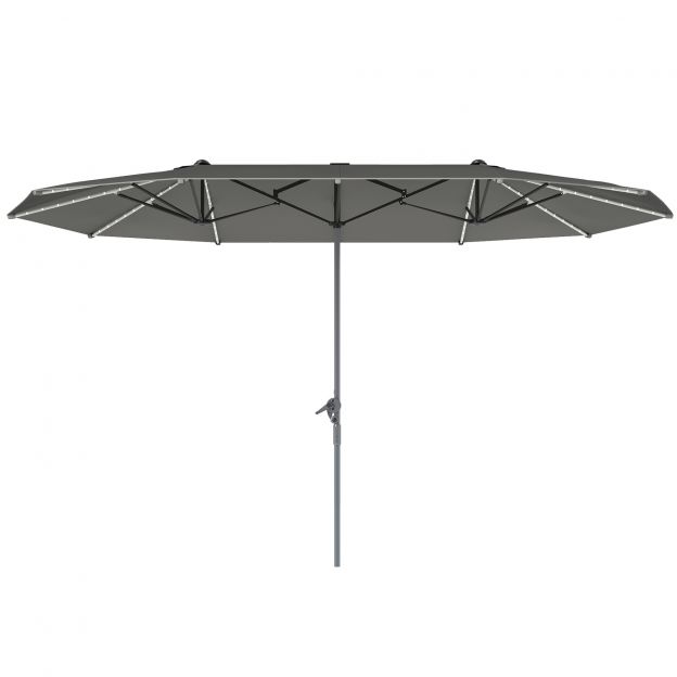 Topelt-päikesevari päikesepaneelide LED-tuledega 451x267 cm alumiinium UV 50+ päikesevari käsikangiga, rõduvari tuulekindel turuvari päikesekaitseks randa, rõdule, aeda, tumehall