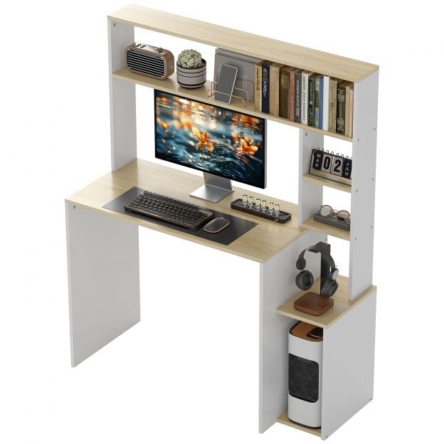 Kirjutuslaud 113 x 45 cm arvutilaud kontorilaud avatud riiulitega, CPU-alus, terasraam kodukontorisse, magamistuppa tamm