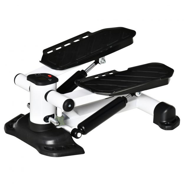 Mini Stepper kompaktne treeningseade LCD-ekraaniga suured pedaalid metall ABS valge must 48x34x21cm ideaalne koduseks kasutamiseks.