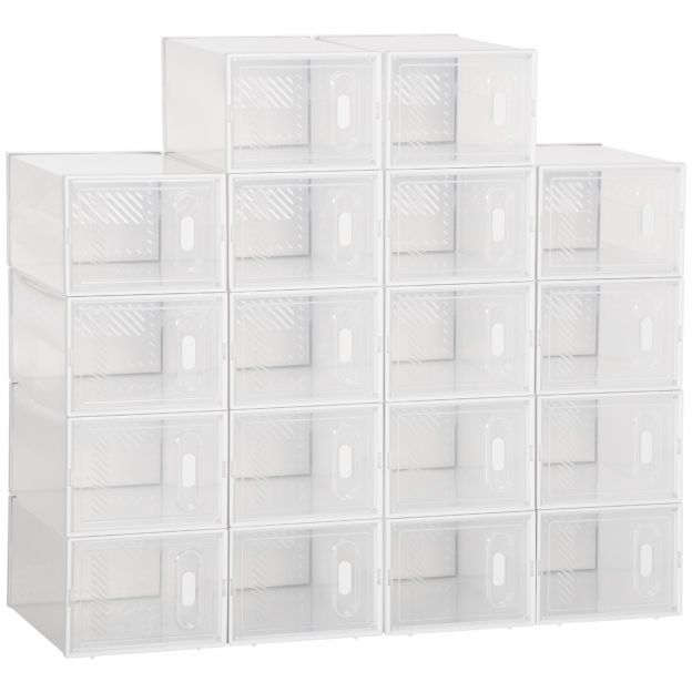 Komplekt 18-st modulaarsest jalanõude hoiukarbist läbipaistvate ustega - mõõtmed 25L x 35B x 19H cm