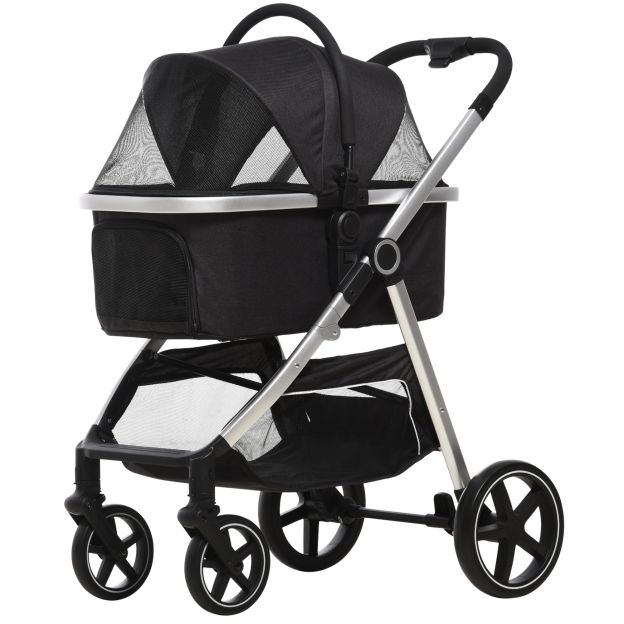 3-ühes koerakäru, kuni 15 kg, kokkupandav, piduritega, võrguga aknad, turvatool, padi, kandekott, kassikäru, polüester, must| Aosom