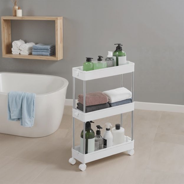 Kolmetasandiline käru, köögikäru, kitsas, ratastel niširiiul, ruumisäästlik vannitoariiul, köögiriiul, vannituba ja köök, väljalõike disain, 40 x 13 x 60 cm, valge KSC007W01